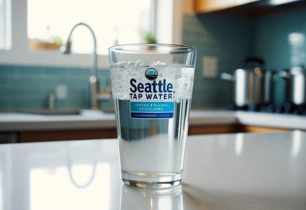 A glass water with a clear, refreshing appearance and no visible impurities, placed on a clean kitchen counter